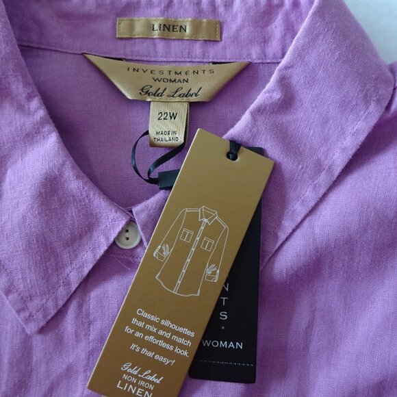 Investments Linen Blouse Top Women's 22W Purple Roll Tab Sleeves - Picture 6 of 8
